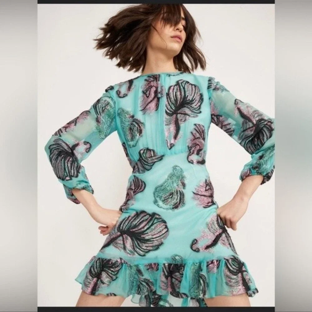 Cynthia Rowley Inverness Metallic Fish Blouson-sleeve Dress In Green Sz4 - Picture 9 of 13
